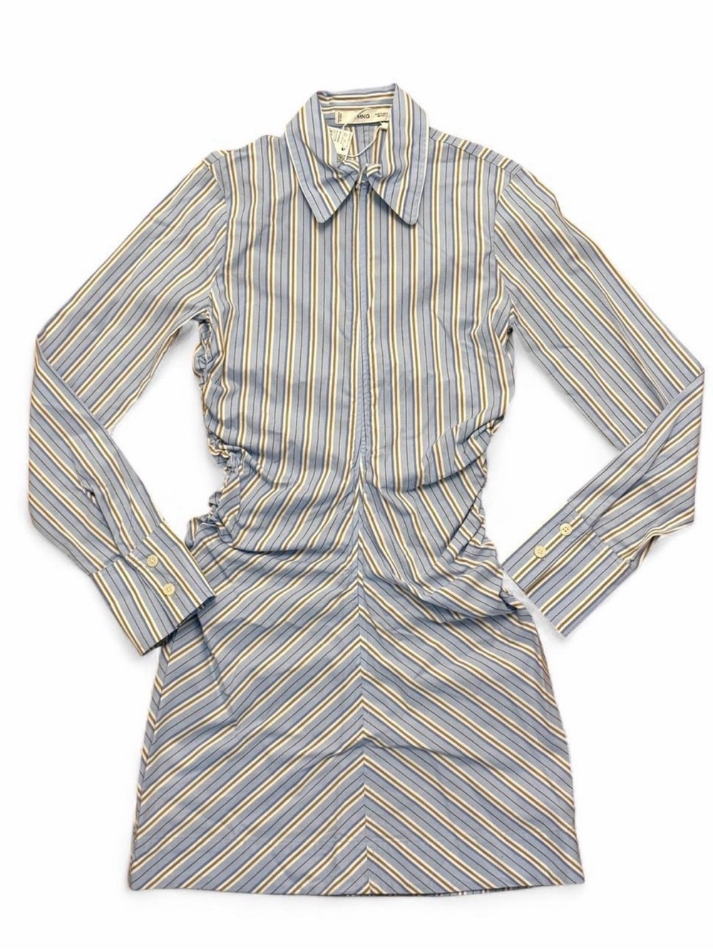 MANGO - Blue-White-Beige Striped Long Sleeve Dress